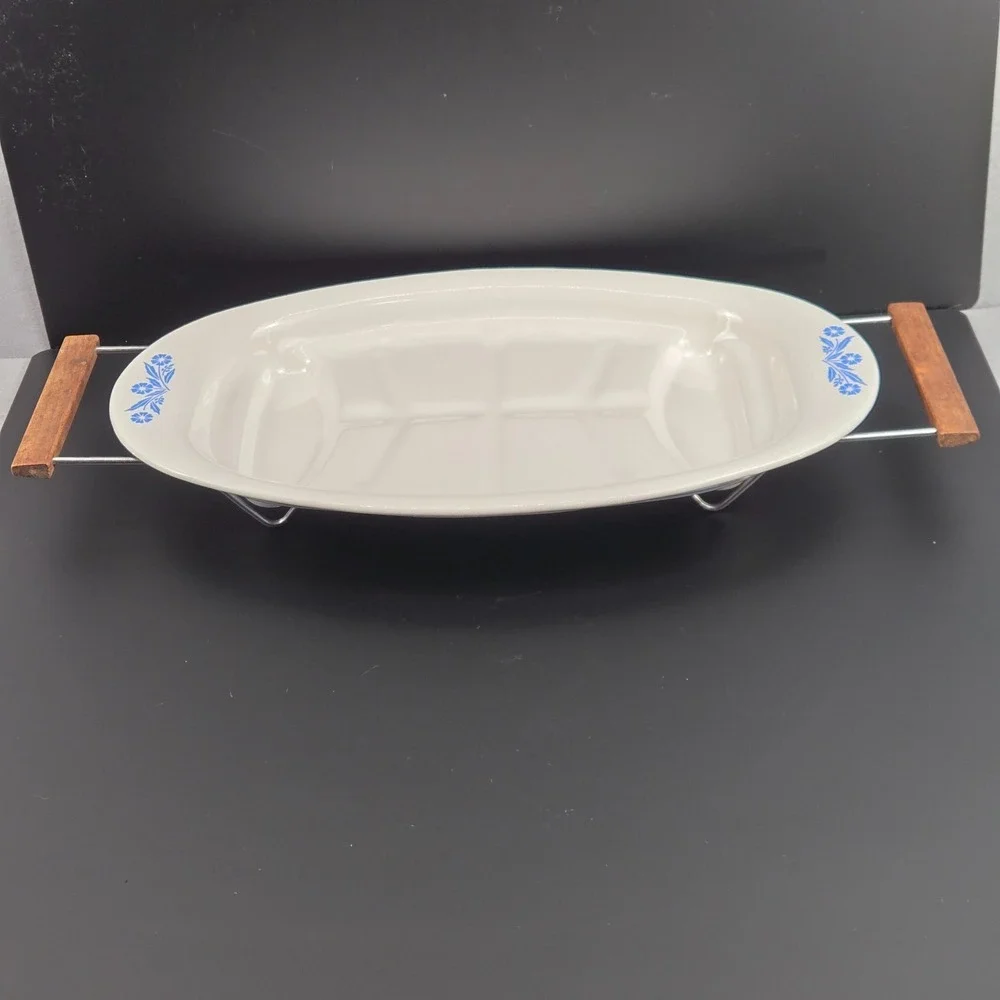 Vintage CorningWare Blue Cornflower P-19 Oval Platter Meat Tray with Cradle Rack